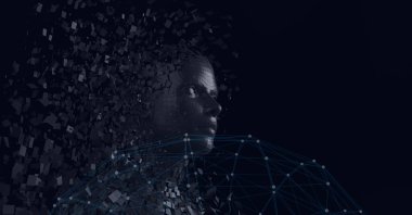 Patlayan insan büstünün bileşimi parçacıklar ve bağlantı ağıyla şekillendi. küresel bağlantılar, veri işleme ve dijital arayüz konsepti dijital olarak oluşturulmuş resim.