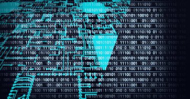 Bilgisayar devre kartının üzerindeki ikili kodlama işleminin bileşimi. küresel bağlantılar, teknoloji ve dijital arayüz kavramı dijital olarak oluşturulmuş görüntü.