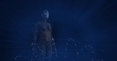 Bağlantı ağı üzerinden parçacıklarla oluşan patlayan insan bedeni bileşimi. küresel bağlantılar, veri işleme ve dijital arayüz konsepti dijital olarak oluşturulmuş resim.