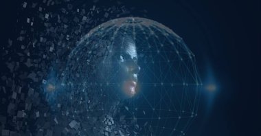 Patlayan insan büstü bileşimi parçacıklar ve bağlantı ağlarından oluşan bir küre. küresel bağlantılar, veri işleme ve dijital arayüz konsepti dijital olarak oluşturulmuş resim.
