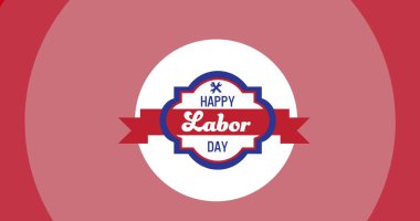 Mutlu İşçi Bayramı metninin dijital görüntüsü pembe arka planda yuvarlak afiş üzerinde oluşturuldu. Amerikan İşçi Bayramı şablonu