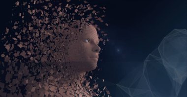 Patlayan insan büstünün bileşimi bağlantı ağı üzerinden parçacıklarla oluşturuldu. küresel bağlantılar, veri işleme ve dijital arayüz konsepti dijital olarak oluşturulmuş resim.