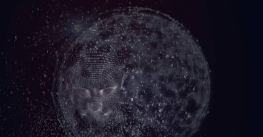 Patlayan büstün bileşimi parçacıklar ve bağlantı ağlarının küresi ile oluşturuldu. küresel bağlantılar, veri işleme ve dijital arayüz konsepti dijital olarak oluşturulmuş resim.