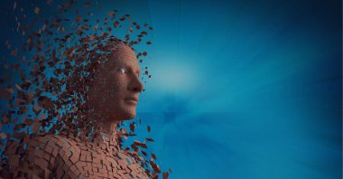 Parlayan ışık yollarının üzerinde parçacıklardan oluşan patlayan insan büstü bileşimi. küresel bağlantılar, teknoloji ve dijital arayüz kavramı dijital olarak oluşturulmuş görüntü.