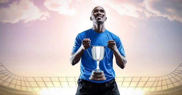 Composition Sportsman Celebrating Victory Holding Trophy Stadium Sport Competition Concept — Stock Photo, Image