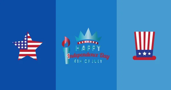 Happy independence day text over uncle sam\'s hat and star icons against blue background. american independence day celebration concept