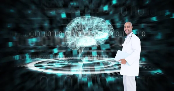Skład Męskiego Lekarza Wirtualnym Ekranie Modelem Mózgu Globalna Medycyna Koncepcja — Zdjęcie stockowe