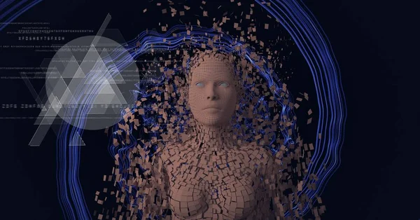 Parçacıklar ve dürbün taramasıyla oluşan patlayan insan vücudu bileşimi. küresel bilim, bağlantılar, teknoloji ve dijital arayüz kavramı dijital olarak oluşturulmuş görüntü.