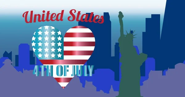 Happy Independence Day Text Silhouette Statue Liberty Cityscape Blue Background — Stock Photo, Image