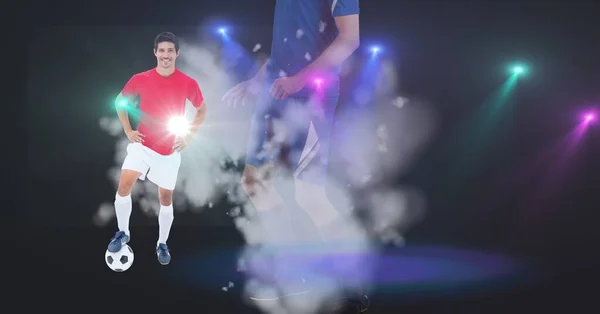 Futbol Oyuncusunun Kompozisyonu Parlayan Spot Işıkları Spor Rekabet Konsepti Dijital — Stok fotoğraf