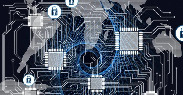 Samenstelling Van Het Netwerk Van Veiligheidshangslot Pictogrammen Wereldkaart Computer Printplaat — Stockfoto