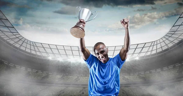 Composition Sportsman Celebrating Victory Holding Trophy Stadium Sport Competition Concept — Stock Photo, Image