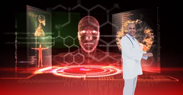 Composition Male Doctor Virtual Screen Medical Icons Global Medicine Digital — Stock Photo, Image