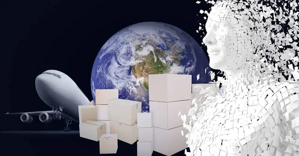 Composition Exploding Human Bust Formed Particles Globe Airplane Boxes Global — Stock Photo, Image