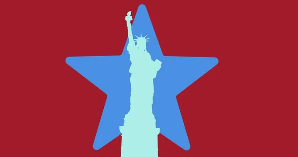 Digitally Generated Image Silhouette Statue Liberty Blue Star Red Background — Stock Photo, Image