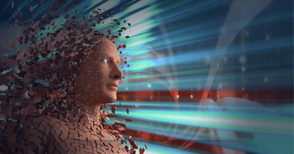 Composition Exploding Human Bust Formed Particles Glowing Light Trails Global — Stock Photo, Image