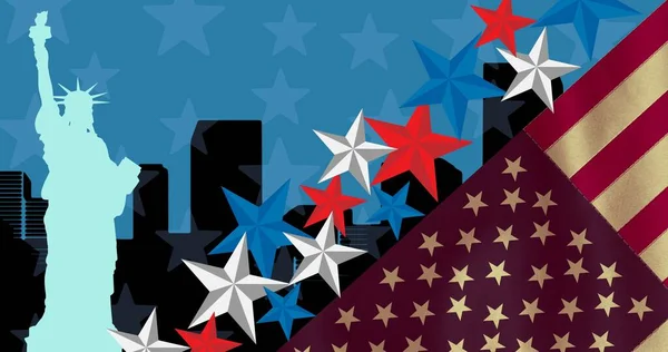 American Flag Stars Silhouette Statue Liberty Cityscape Blue Background American — Stock Photo, Image