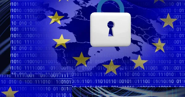 Bilgisayar devre kartının üzerinde Avrupa Birliği bayrağı ve güvenlik asma kilidi var. küresel çevrimiçi güvenlik, bağlantılar, veri işleme ve dijital arayüz kavramı dijital olarak oluşturuldu.