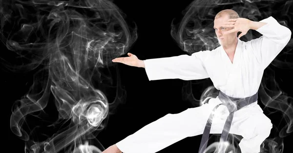 Composition Male Martial Artist Trails Smoke Black Background Sport Competition — Stock Photo, Image