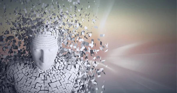 Parlayan ışık yollarının üzerinde parçacıklardan oluşan patlayan insan büstü bileşimi. küresel bağlantılar, teknoloji ve dijital arayüz kavramı dijital olarak oluşturulmuş görüntü.