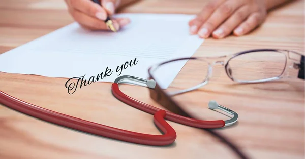 Zusammenstellung Des Dankeschön Textes Über Ärztliches Schreiben Mit Stethoskop Medizin — Stockfoto