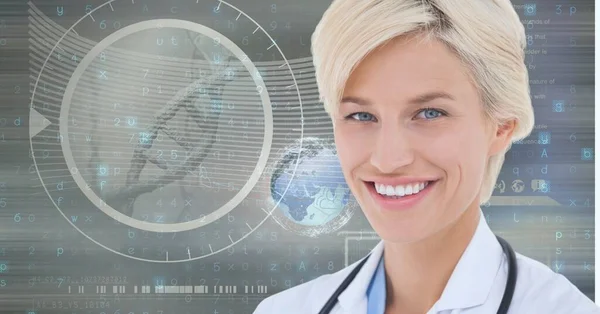 Composición Doctora Sonriente Con Hebra Adn Procesamiento Datos Médicos Medicina — Foto de Stock