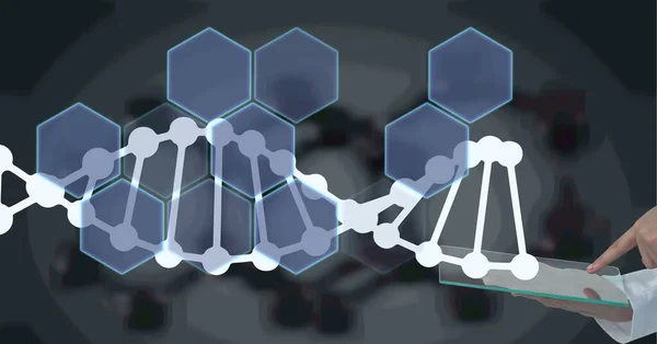 Composición Hebra Adn Red Hexágonos Sobre Médico Utilizando Tableta Medicina —  Fotos de Stock