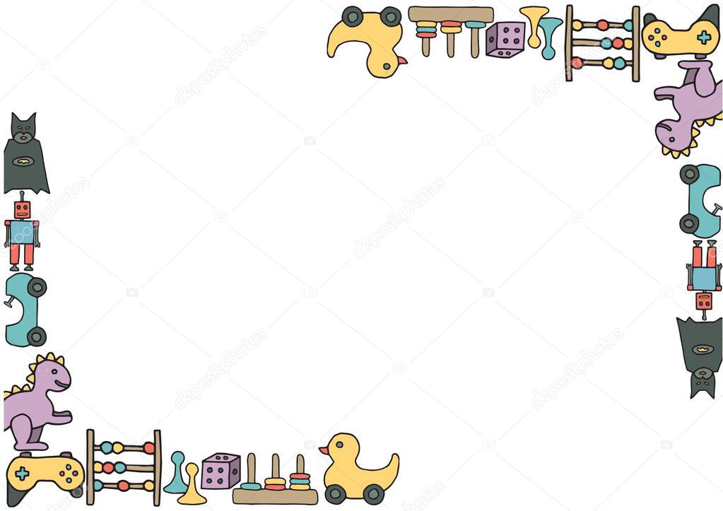 Composition of frame with children toys and copy space on white background. party, childhood, celebration, colour and writing space concept digitally generated image.