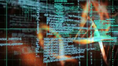 DNA iplikçiklerinin ve bilimsel veri işlemenin animasyonu. küresel bilim, araştırma ve veri işleme kavramı dijital olarak oluşturulmuş video.