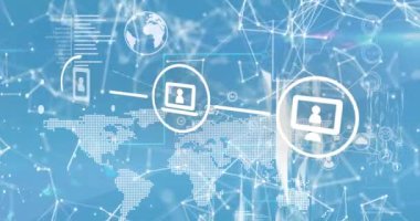 Mavi zemin üzerinde dünya haritası üzerinde simge ve veri işleme ağının animasyonu. küresel teknoloji, dijital arayüz konsepti dijital olarak oluşturulmuş video.