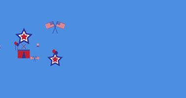 Amerikan bayrakları ve bağımsızlık günü simgeleri mavi arka planda hareket ediyor. Vatanseverlik ve kutlama konsepti dijital olarak oluşturulmuş imaj.