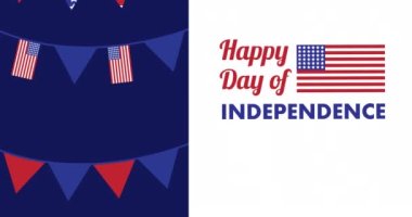 Amerikan bayrağı üzerinde Bağımsızlık Günü Animasyonu metni. Vatanseverlik ve kutlama konsepti dijital olarak oluşturulmuş imaj.