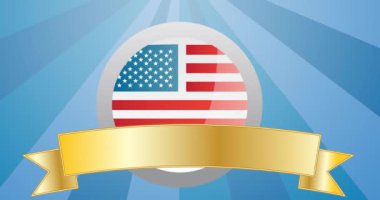 Amerikan bayrağı üzerinde altın kurdele üzerinde mavi radyal arka planda birden fazla renkli yıldız. Amerika 'nın bağımsızlık şablonu arka plan tasarım kavramı