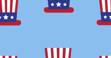 Mavi arka planda hareket eden Amerikan bayrağının canlandırılmış kutlama şapkaları. Vatanseverlik ve kutlama konsepti dijital olarak oluşturulmuş imaj.