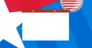 Amerikan bayrağı üzerinde hareket eden sembolik şablon kartı ve oylama metninin animasyonu. Vatanseverlik ve kutlama konsepti dijital olarak oluşturulmuş imaj.