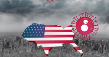 ABD haritasının üzerindeki koronavirüs hücrelerinin animasyonu şehir planında Amerikan bayrağıyla renklendirildi. Covid 19 Coronavirus salgını sırasında dijital olarak üretilen görüntü.