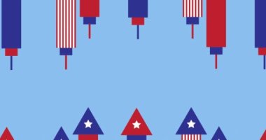 Amerikan bayrağının animasyonu. Mavi arka planda hareket eden havai fişekler. Vatanseverlik ve kutlama konsepti dijital olarak oluşturulmuş imaj.