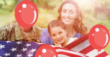 Gaziler Günü animasyonu, ailesiyle birlikte Amerikan askerine mesaj atıyor. Vatanseverlik ve kutlama konsepti dijital olarak oluşturulmuş imaj.