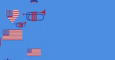 Amerikan bayrakları ve bağımsızlık günü simgeleri mavi arka planda hareket ediyor. Vatanseverlik ve kutlama konsepti dijital olarak oluşturulmuş imaj.