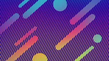 Animation of pulsating orange and blue capsule and circle shapes on dark purple and orange stripes. energy, colour and movement concept, digitally generated video.