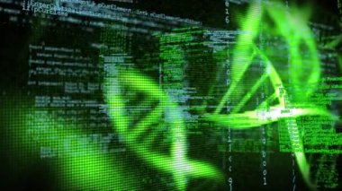 DNA dizilimi ve bilimsel veri işleme animasyonu. küresel bilim, araştırma ve veri işleme kavramı dijital olarak oluşturulmuş video.