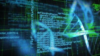 DNA iplikçiklerinin ve bilimsel veri işlemenin animasyonu. küresel bilim, araştırma ve veri işleme kavramı dijital olarak oluşturulmuş video.