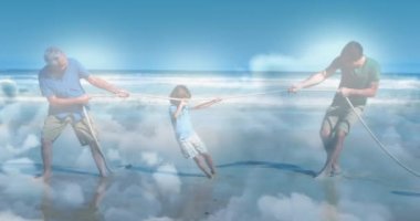 Oğlu ve torunu deniz kenarında halat çekerken mutlu yaşlı adamın üzerinde parlayan ışığın animasyonu. emeklilik ve yaşlı yaşam konsepti dijital olarak oluşturulmuş video.