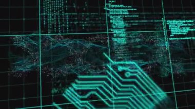 DNA dizilimi, bilgisayar devre kartı ve bilimsel veri işleme animasyonu. küresel bilim, araştırma ve veri işleme kavramı dijital olarak oluşturulmuş video.