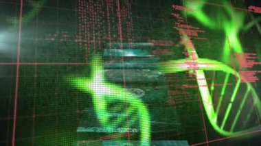 DNA dizilimi ve bilimsel veri işleme animasyonu. küresel bilim, araştırma ve veri işleme kavramı dijital olarak oluşturulmuş video.