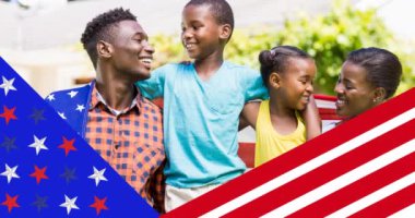 Amerikan bayrağında gülümseyen ve kutlama yapan aile animasyonu. Vatanseverlik ve kutlama konsepti dijital olarak oluşturulmuş imaj.