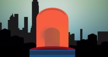 Şehir manzarasının siluetine karşı yanıp sönen siren üzerine mutlu çalışma metinlerinin ve yıldızların dijital animasyonu. Amerikan İşçi Bayramı konsepti