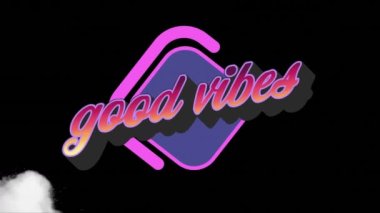 Animation of good vibes text with purple banner over clouds in background. retro video game and communication concept digitally generated image.