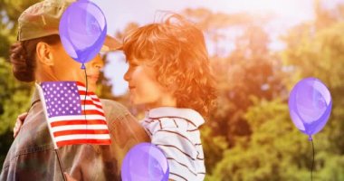 Gaziler Günü animasyonu, oğluyla birlikte Amerikan askerine mesaj atıyor. Vatanseverlik ve kutlama konsepti dijital olarak oluşturulmuş imaj.