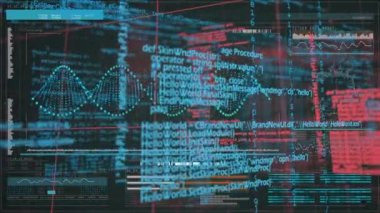 Animation of dna strand and scientific data processing on digital screens. global science, research and data processing concept digitally generated video.